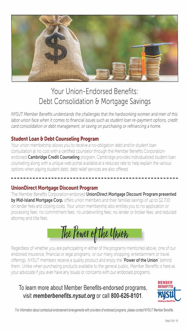 debt consolidation and mortgage savings member benefit ad from NYSUT